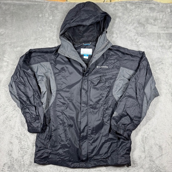 Columbia Omni-Tech Waterproof Hooded Jacket Men’s Small Black Gray Raincoat - Picture 1 of 9